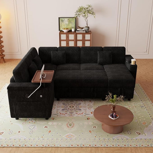 L-Shaped Sectional Sleeper Sofa with Pull Out Bed, Black | Plush Corduroy, Reclining Backrest, Storage Chaise, Usb Ports, Cup Holders & Table – Modular Cloud Couch for Living Room