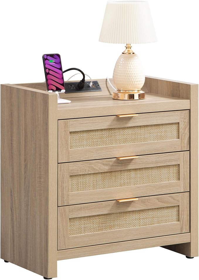 SICOTAS Rattan Nightstand Bedside Table - Larger Night Stand with Type-C Charging Station, 3 Drawers Storage - Boho Night Stands End Table for Bedroom - Light Oak