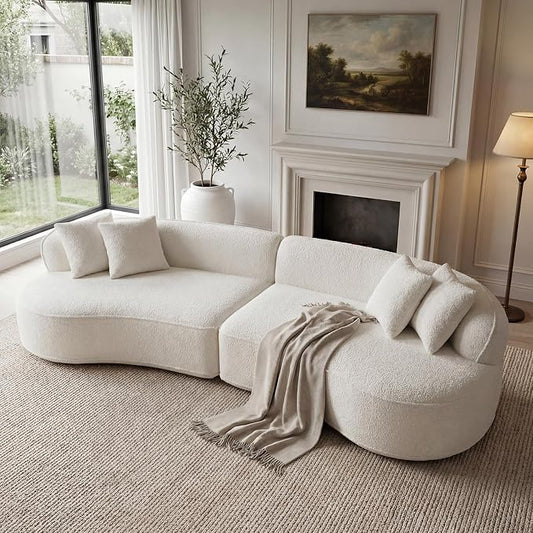 114" Curved Sectional Sofa Couch,4 Seater Oversized Boneless Cloud Couch with 4 Throw Pillows,Modern Round Couch Sofa,Comfy Deep Seat Chenille Memory Foam Sofa for Living Room (CreamWhite, 114.2 Inch)