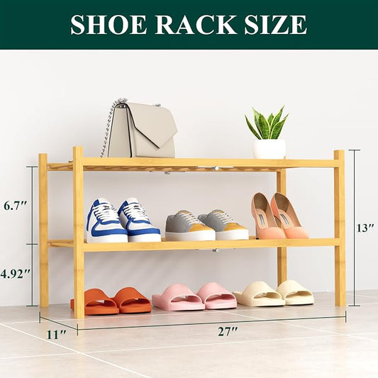 Smiry Bamboo Shoe Rack, 2 Tier Free Standing Wooden Shoe Organizer, Stackable Wood Shoe Storage Shelf for Closet, Entryway, 14 Vertical Slats, One-piece Heavy-Duty Legs, 26.8"x11"x13", Natural