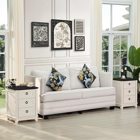 Joaxswe Farmhouse Night Stand Set of 2, 18" End Table with 3 Drawer Metal Handle, Dresser for Bedroom, Sofa Bed Side Table Chest of Drawers,Wood Nightstand Cabinet for Organizer, Living Room-White
