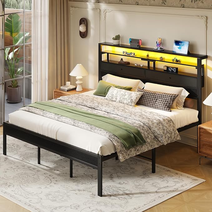 Sweetcrispy Bed Frame King Size with LED Lights and Charging Station, Sturdy Platform Beds Frame with Storage Drawers, 3-Tier Shelves and Under Bed Storage, No Box Spring Needed, Black