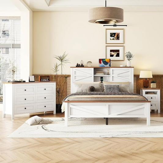 3 Pieces Bedroom Furniture Sets Queen Bed Frame with Dresser and Nightstand, Farmhouse Platform Bed Frames with Storage Headboard and Charging Station for Bedroom, White