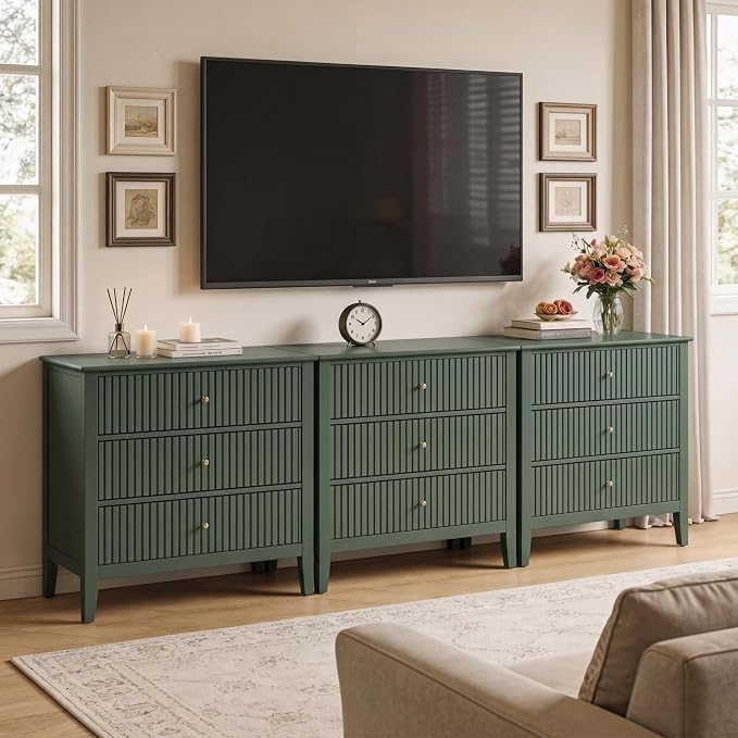 RoyalCraft Fluted 3 Drawer Dresser, 32 inch Wide Dresser Nightstand for Bedroom, Modern Wood Chest of Drawers, Large Painted Nightstand with 3 Drawers for Closet, Hallway, Entryway, Dark Green