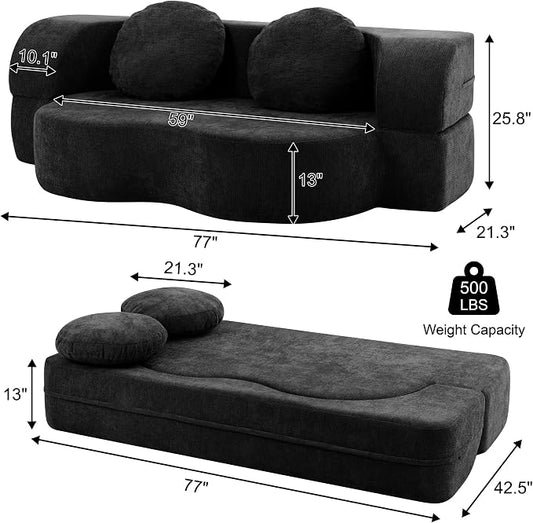 Vongrasig Convertible Sofa Bed, 77” Folding Boneless Couch, Floor Sofa 2-in-1 Curved Couch for Small Living Room, Apartment, Guest Room, Black