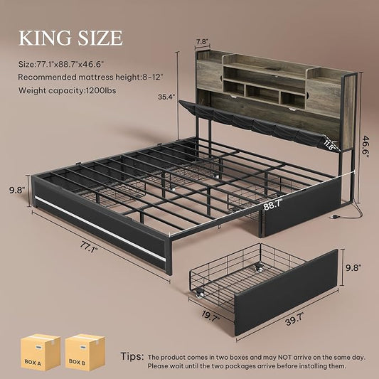 DWVO King Size Bed Frame with RGB LED Lights & Storage Bookcase Headboard, Upholstered Bed with Charging Station and 4 Drawers, No Box Spring Needed, Easy Assembly, Noise-Free, PU Leather Black