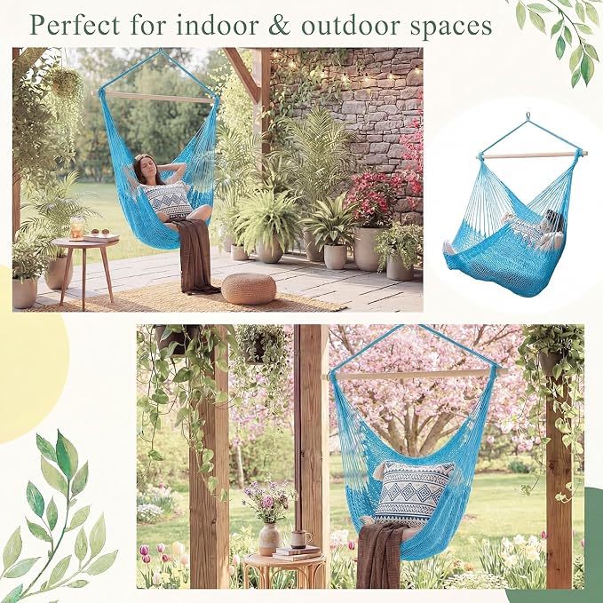Barydat 2 Pcs Hanging Hammock Chair Boho Swing Chair Outdoor Indoor Comfy Soft Cotton Rope Weaving with 40 Inch Detachable Metal Bars for Backyard Living Room Garden, 270lb Capacity (Blue)