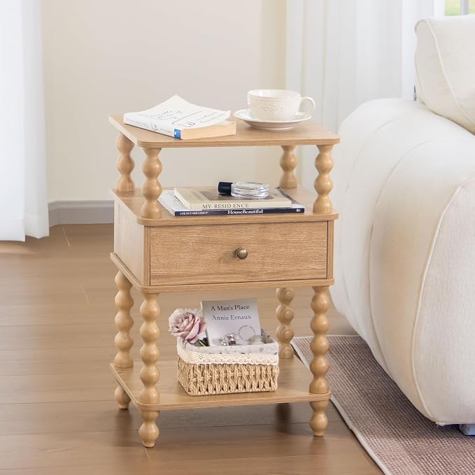 AWASEN Night Stand with Drawer, Bedside Table with Storage, 3-Tier Small Nightstand End Table for Bedroom with Solid Wood Spindle Legs, Rustic Walnut