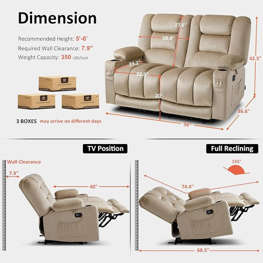 MCombo 55.9" Zero Gravity Power Loveseat Recliner with Heat and Vibration Massage, Reclining Loveseat Sofa with USB Ports, Cup Holders for Living Room, Fabric PR648SET (Beige)