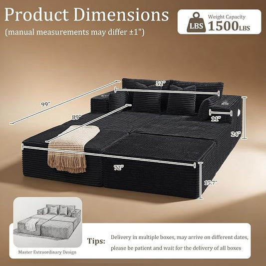 72" Cloud Sectional Couch, Comfort Sleep Sofa for Living Room, Extra Deep Seats No Assembly, Minimalist Modular Couch, Corduroy (Black, Extend Loveseat Chaise)