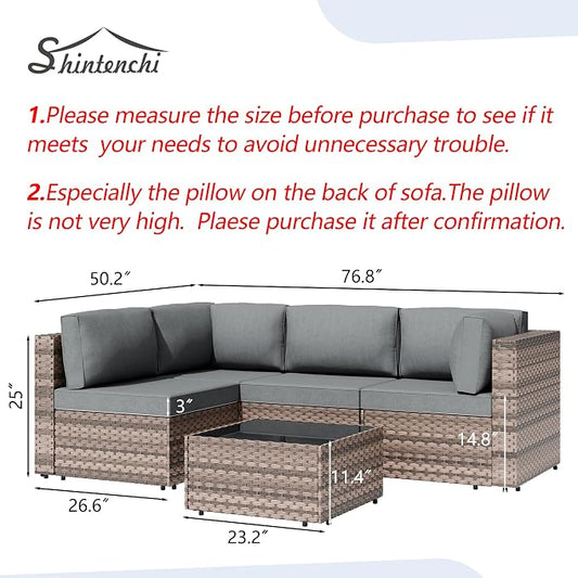 5 Piece Outdoor Patio Furniture Set,Brown PE Rattan Wicker Sectional Sofa, All Weather Conversation Set with Washable Cushions & Glass Coffee Table for Backyard Poolside Garden Porch,Gray