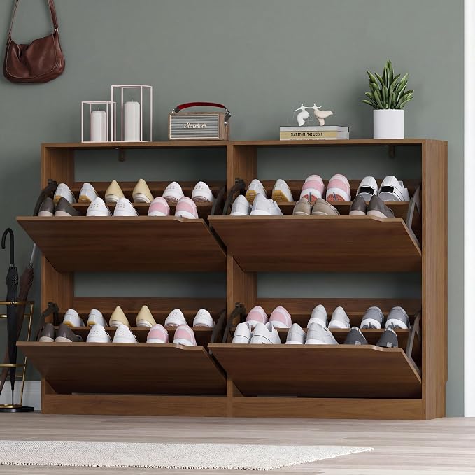 BORNOON Shoe Cabinet with 4 Flip Drawers, Narrow Hidden Shoe Storage Cabinet, Slim Freestanding Shoe Rack Organizer for Entryway, Hallway, Bedroom, Living Room