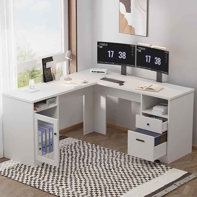 MU L Shaped Desk with File Cabinet, Corner Computer Desk with Storage Drawers, Large Home Office Table with Power Outlets, 60 Inch (White)