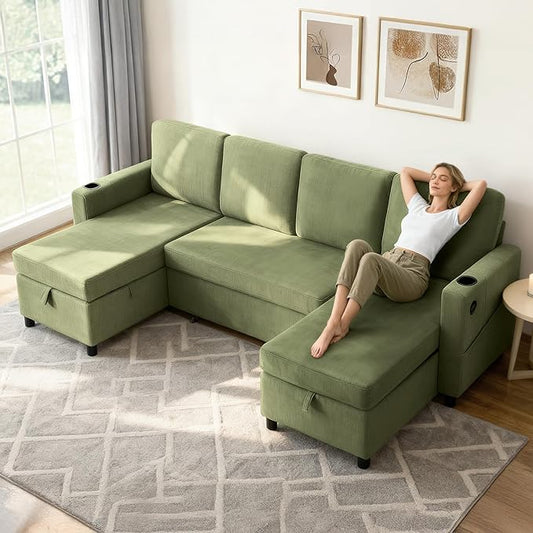 KISLOT 110 Inch Sectional Sleeper Sofa with Pull Out Bed Convertible Plush 2 in 1 Couch with Storage Chaise & USB Charging Comfy L Shaped Modular Couches for Living Room Apartment(3 Box)