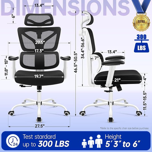 Ergonomic Office Chair, High Back Mesh Computer Chair with Comfortable Adaptive Lumbar Support, Built-in Coat Hanger, SGS Class 4 Gas Lift, Heavy Duty 300lbs for Long Hours Home Office