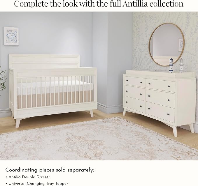 Evolur Loft Antilia 4-in-1 Convertible Full-Size Baby Crib in Vanilla Bean, GreenGuard Gold & BSA, Converts to Toddler, Day & Full-Size Bed, 3 Mattress Heights Modern Scandinavian Design