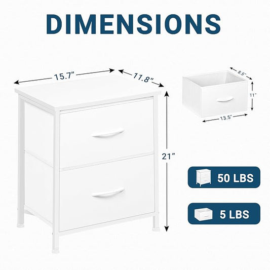 LOFTEY White Nightstand, Bedside Table with 2 Fabric Drawers, Small Kids Night Stand for Bedroom, Bed Side Table with Storage, 15.7" L x 11.8" W x 21" H
