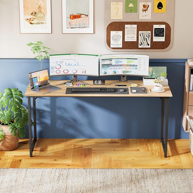 PayLessHere | 63 Inch Computer Desk | Nature | Office Desk with Metal Frame, Adjustable Feet | Water-Resistant, Scratchproof Surface | Sturdy Writing Table for Home Office or Study | Pack of 1