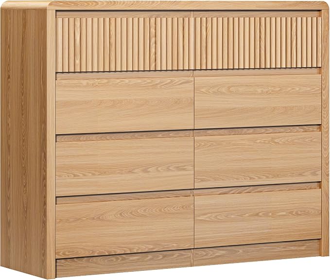 LYNSOM 8 Drawer Dresser for Bedroom, 50" Wide Fluted Dresser with Curved Corners, Wood Dressers & Chests of Drawers with Dual-Panel Design for Bedroom, Entryway, Oak