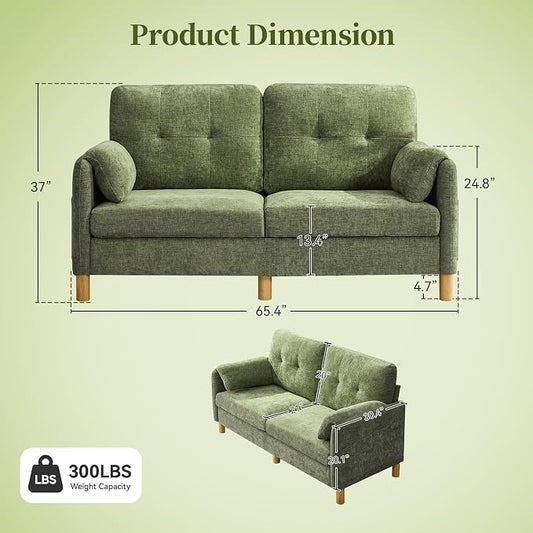 65" Loveseat Sofa, Mid Century Loveseat Couch for Living Room with Storage Pockets, Upholstered Small Loveseat for Small Spaces, Bedroom, Home Office, Apartments, Small Sofa Chenille Green