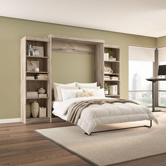 Bestar Pur Queen Murphy 2 Shelving Units, 115-inch Space-Saving Wall Bed with Storage, Rustic Brown
