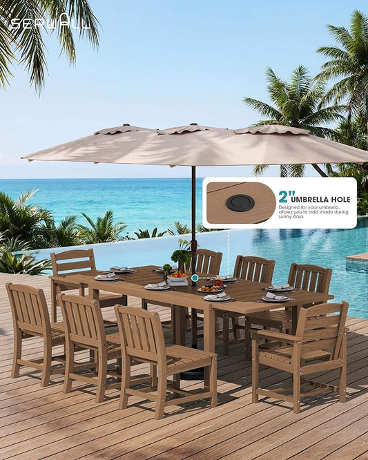 SERWALL Outdoor Expandable Dining Table 60" - 83", Brown | Patio Dining Table for 4-8 People, All Weather HDPE and Aluminum Outdoor Furniture