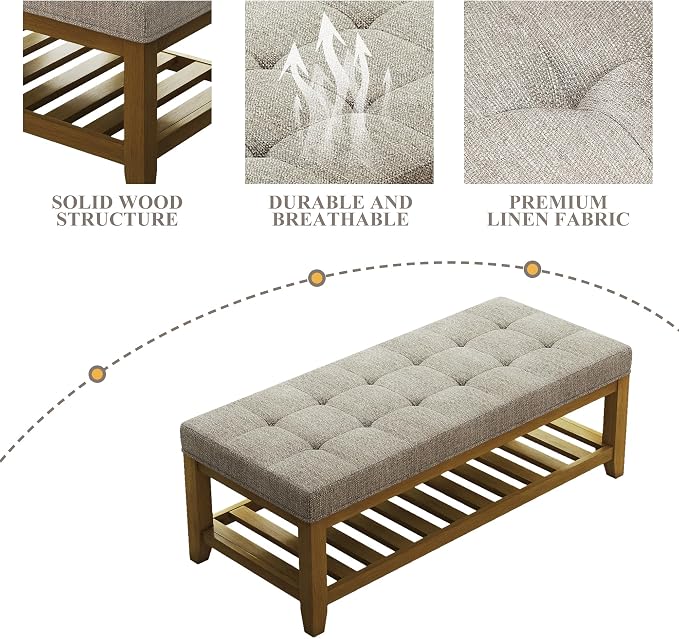 Befurtori Large Rectangular Upholstered Ottoman Bench, Linen Tufted Footrest Ottoman with Solid Wood Shelf Storage Coffee Table for Bedroom Living Room, Gray Linen