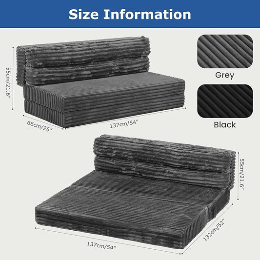Erament Tri-Fold Futon Sofa Bed, 6 Inch Foldable Floor Couch, High-Density Foam Convertible Sleeper Sofa with Removable Washable Corduroy Cover, Portable Floor Mattress for Living Room (Grey, Full)