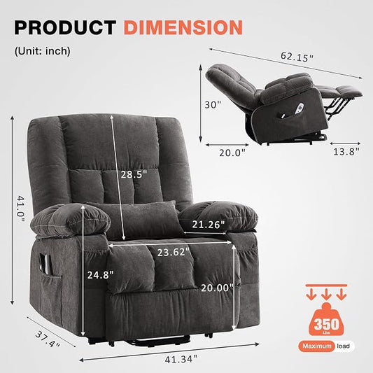 MAHOMICO Power Lift Recliner Chair for Elderly with Vibration Massage and Lumbar Heating, Electric Lift Recliner Single Sofa with Side Pocket and USB Charge Port for Living Room