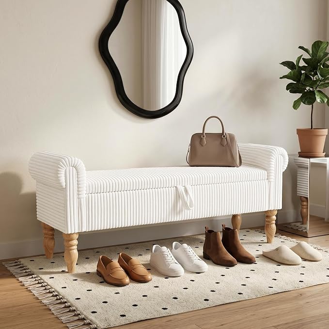 Storage Bench for Bedroom, 60" End of Bed Bench Premium Linen Upholstered Storage Ottoman, Entryway, Closet, White