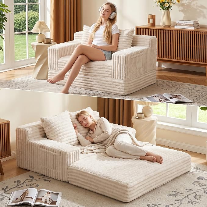 Erament Boneless Loveseat Convertible Sofa Bed, Folding Floor Futon Sleeper Sofa Couch Bed- Boneless Foldable Couch, Furry Pull Out Sofa Bed with 2 Pillows for Living Room & Bedroom