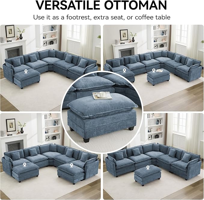 35‘’ Modern Chenille Cloud Sofa Ottoman,Rectangle Ottoman for Modular Sectional Sofa, Blue