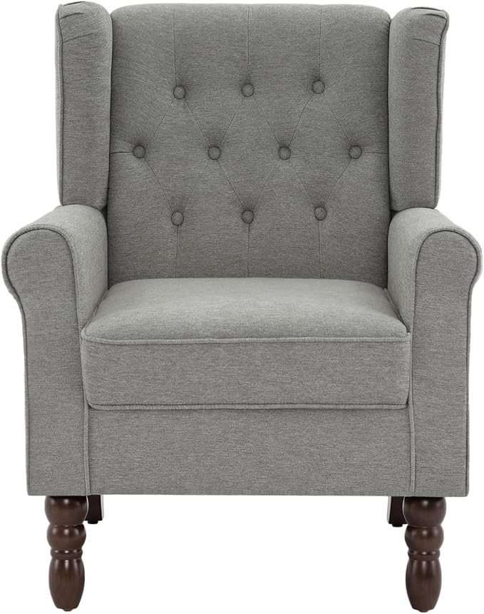 High Back Accent Chair, Fabric Upholstered Armchair Retro Wingback Arm Chair for Living Room, Comfy Single Sofa Bedroom Reading Seat with Solid Wood Legs - Light Gray