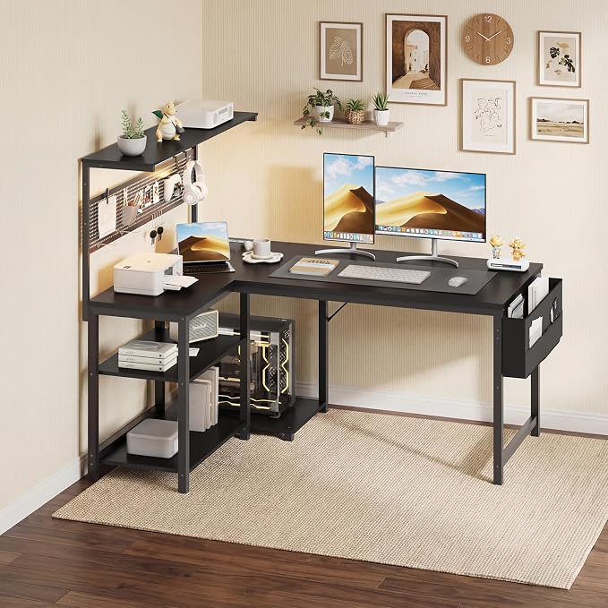 Apicizon L Shaped Desk Gaming Desk with LED Light & Power Outlet, 47 Inch Reversible Computer Desk with Pegboard & Shelf & Storage Bag for Home Office, Black
