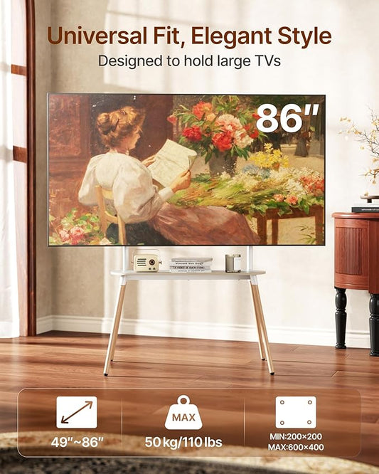 Easel Floor TV Stand with Storage for 49-86 inch TVs, Height Adjustable 4-Leg Universal TV Stand with Cable Management & Protective Pads, Holds 110 lbs for Living Room, Office, School, White