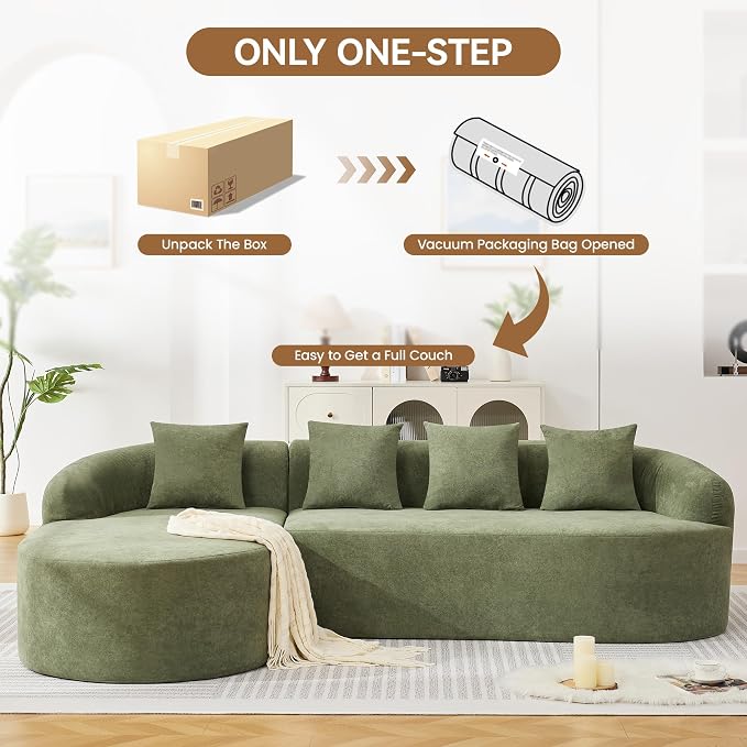 Boneless L Shaped Sofa Couch, Oversized Sectional Curved Cloud Sofa with Chaise Lounge, Chenille 4 Seats Deep Seat Couches for Living Room, No Assembly, Green