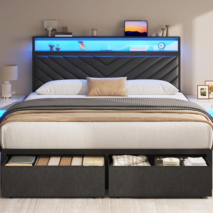 Fluest Queen Bed Frame with 2 Drawers, Upholstered Headboard with Storage and Charging Station, LED Lights, Fabric Drawers with Wheels, Under Bed Storage, No Box Spring Needed, Easy Assembly, Black