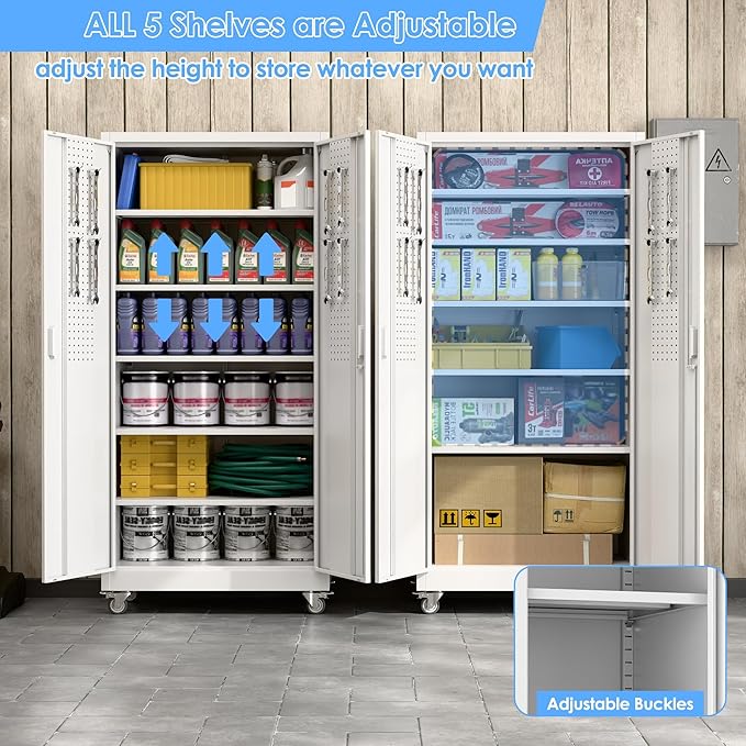 SUXXAN Metal Storage Cabinet with Wheels and Pegboard, 71" Tall Industrial Steel Cabinet with 5 Adjustable Shelves & Locking Doors, Rolling Garage Storage Cabinet for Office, Pantry, Home