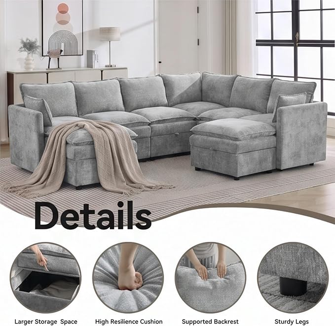 105" Light Grey Modular Storage Sofa, U Shaped Chenille Couch with Ottoman | Oversized Convertible Sectional Sofa, 6-Seat Sectional Couch With 2 Ottomans, Large Cloud Couch For Living Room, Apartment.