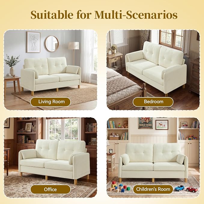 65" Loveseat Sofa, Mid Century Loveseat Couch for Living Room with Storage Pockets, Upholstered Small Loveseat for Small Spaces, Bedroom, Home Office, Apartments, Small Sofa Chenille Beige