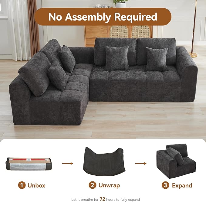 110''Modular Sectional Couches for Living Room, Cloud Boneless Compressed Sofa Left Facing Chaise, Oversized L Shaped 4 Seater Memory Foam Sofa, No Assembly, Chenille Grey