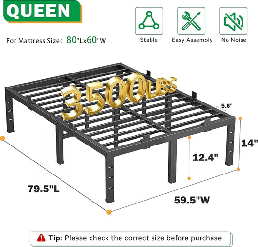 14 Inch Queen Bed Frames,Heavy Duty Metal Queen Size Platform 3500 lbs Capacity, No Box Spring Needed, 6 Mattress Slide Stopper, Headboard Holes, Noise-Free, Easy Assembly