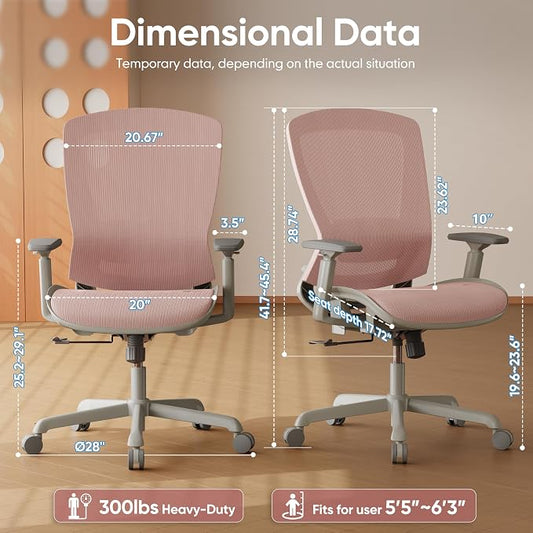 ELABEST Mesh Office Chair,Ergonomic Computer Desk Chair,Sturdy Task Chair- Adjustable Lumbar Support & Armrests,Tilt Function,Comfort Wide Seat,Swivel Home Office Chair (Pink)
