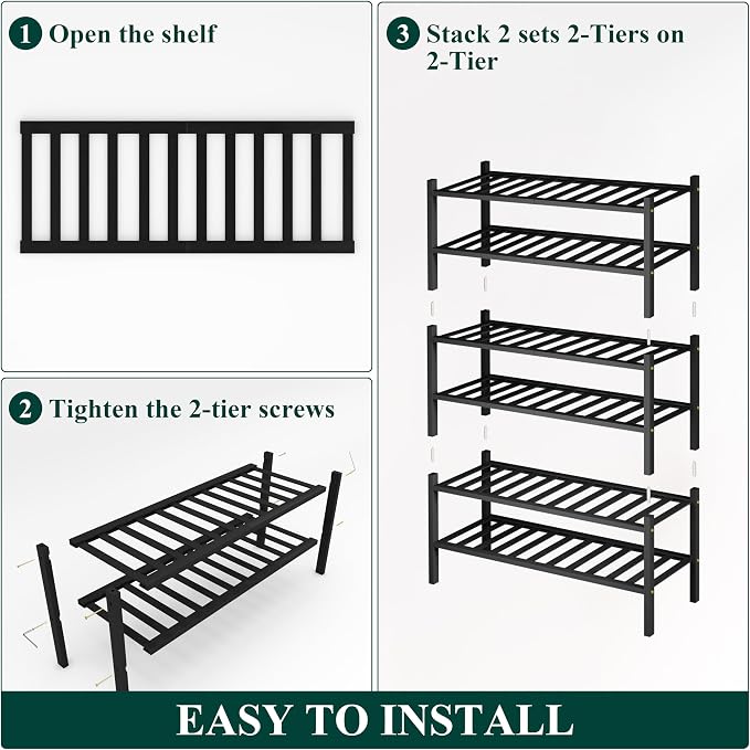 Smiry Bamboo Shoe Rack, 6 Tier Free Standing Wooden Shoe Organizer, Stackable Wood Shoe Storage Shelf for Closet, Entryway, 12 Vertical Slats, 2+2+2 Stack Standard Legs, 26.8"x11"x39", Black