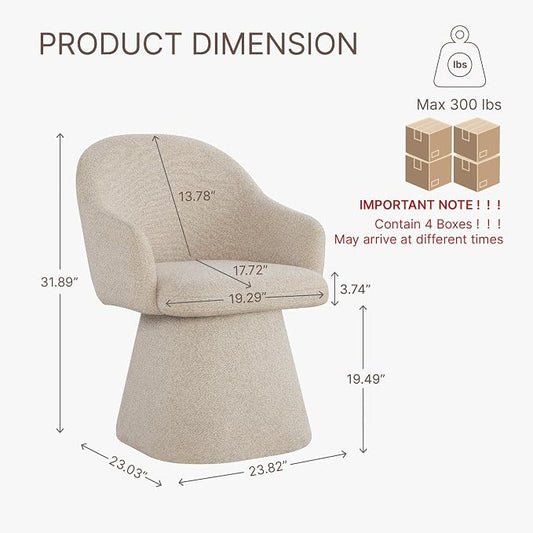 KISLOT Swivel Dining Chairs Set of 4, Upholstered Modern Barrel Dining Chairs with 360° Swivel Base, Chenille Velvet Fabric Accent Kitchen Chairs with Arms, Padded Dining Room Chairs, Sand