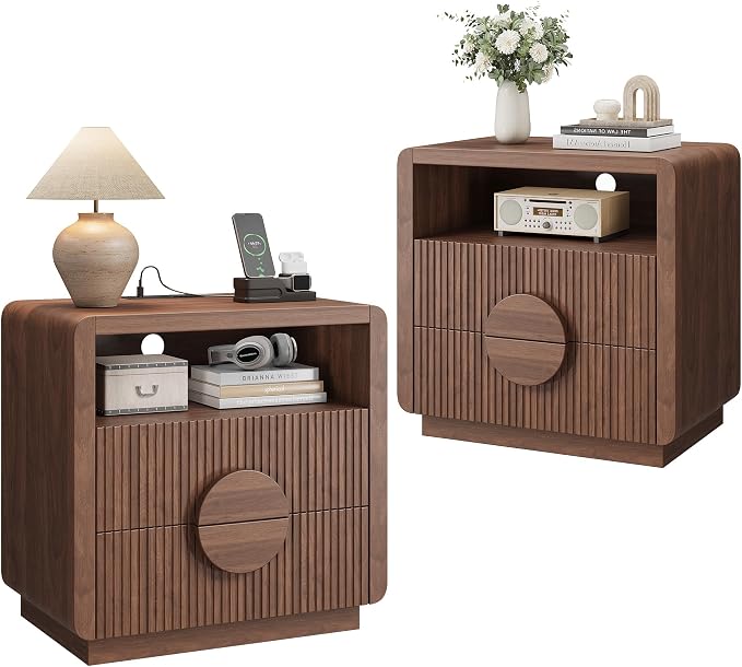 23" Wide Fluted Nightstands Set of 2, Mid Century Bedside Tables with Charging Station, Wood End Table with 2 Drawers and Open Shelf for Bedroom, Home Office, Walnut