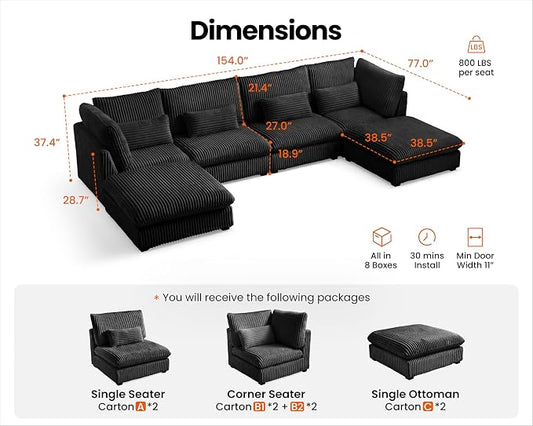 154" Oversized Corduroy Couch Modular Sectional Sofa, Washable Cloud Couch Sectional with 2 Ottoman, 6 Seater Sectional Couches for Living Room, Fully Cover Removable, U Shaped, Corduroy, Black