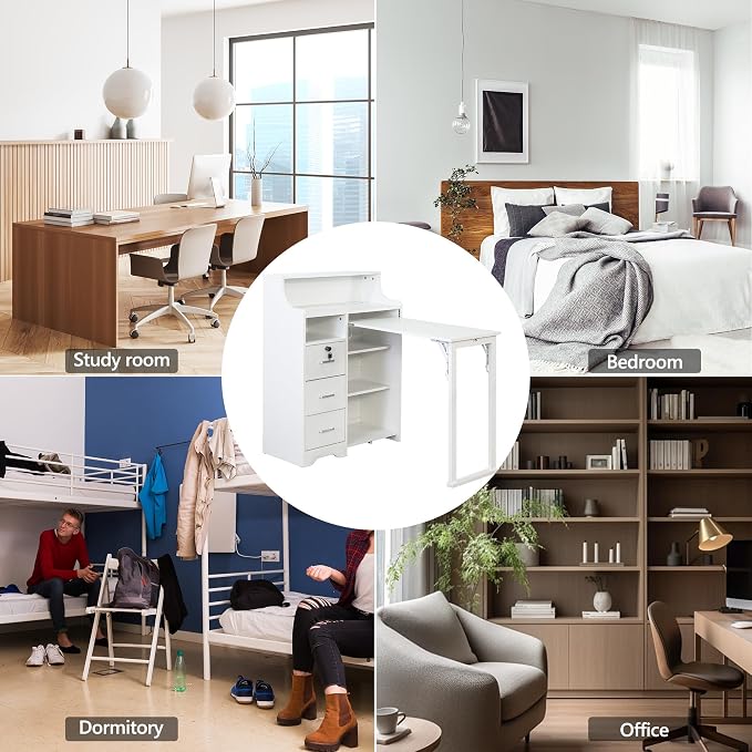 Folding Desk with Storage,Hidden Desk with Lockable Drawers & Shelves, Built-in Power Outlet,Fold Out Desk for Study and Home Office