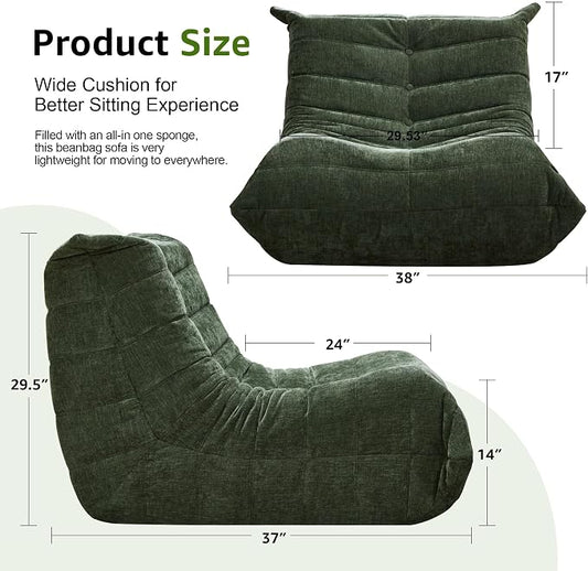 Hobestluk Adults Bean Bag Chair Faux Fur BeanBag Couch for Living Room | Green Chenille,Ergonomic Design,Memory Foam,UltraSoft,Anti-slip Bottom,No Assembly Required,Decorative Style for Living Room
