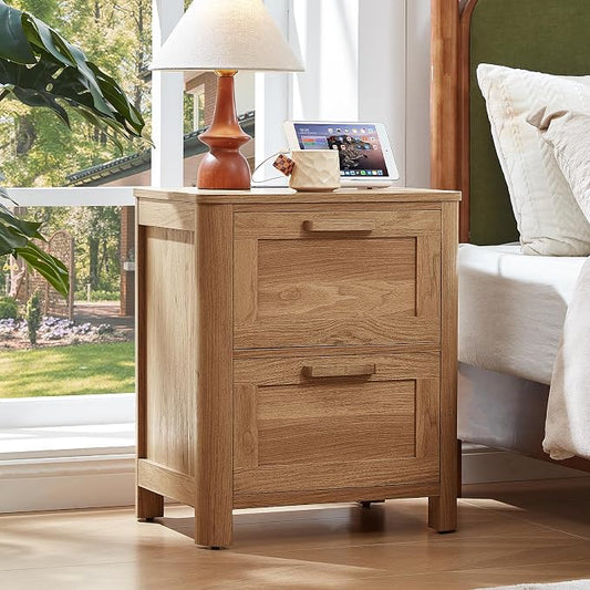 Joaxswe Farmhouse Nightstand Set of 2 with Charging Station, End Tables Bedroom with 2 Large Drawers & 4 Thickened Table Legs, Brown